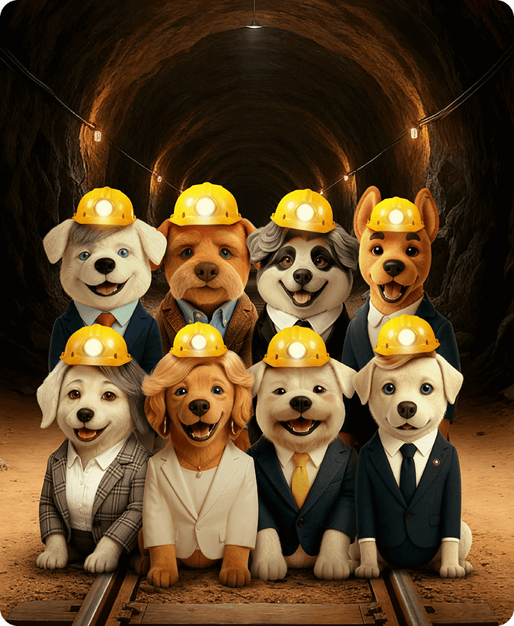 Perritos sentados con cascos de mineros
